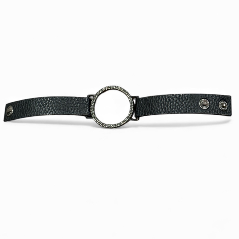 Black Leather Glitzy Silver Circle Bracelet Size OS Adjustable